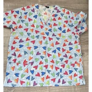 MedGear Women Large Scrubs V-Neck Heart Printed Scrub Top With Pockets